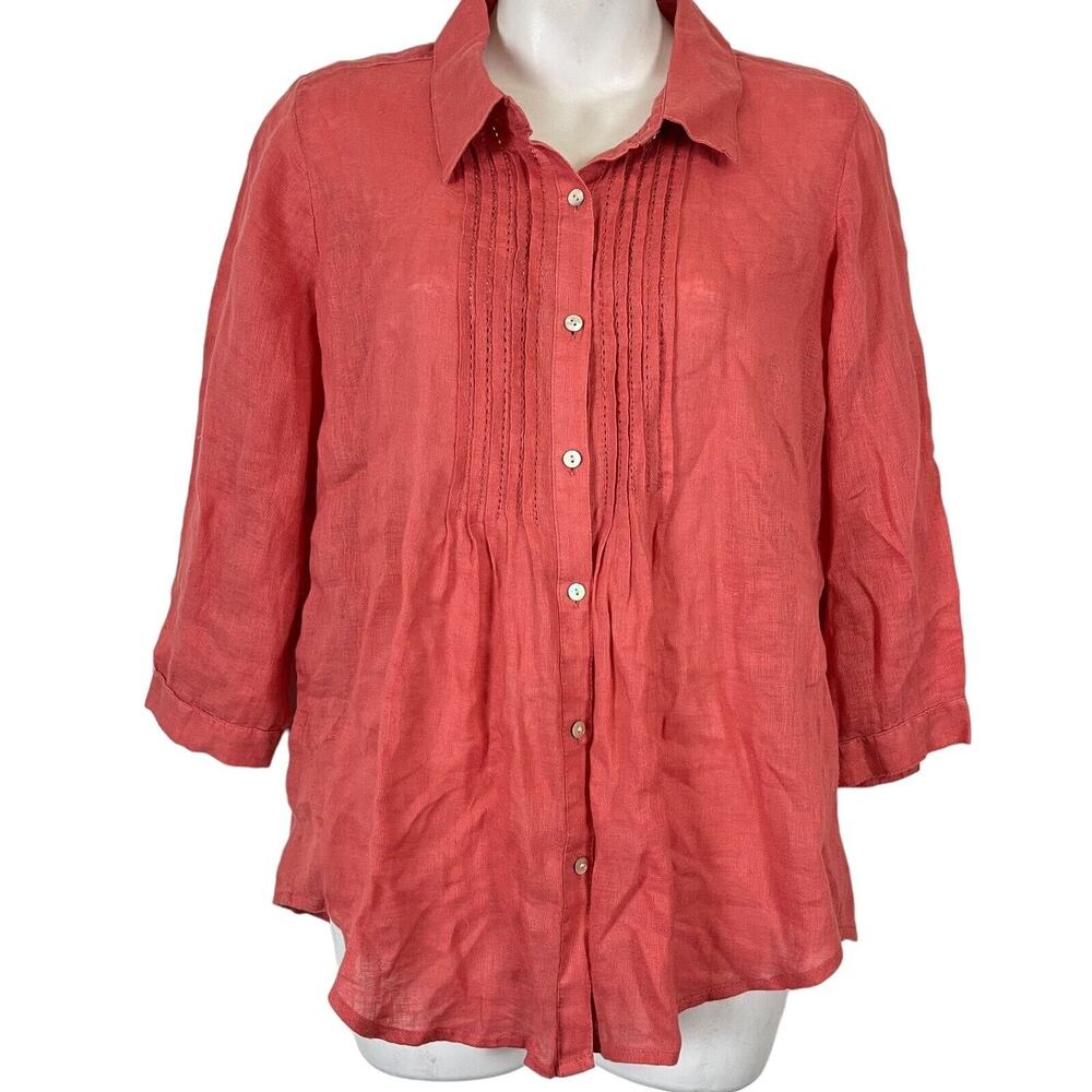 J Jill Womens Coral Pink Pintucked 100% Linen Button Down Shirt Top sz Small P